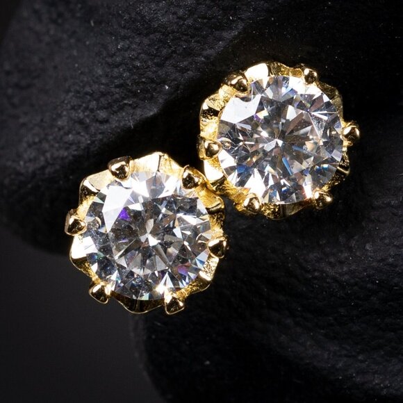 Brilliant Round Solitaire 925 Sterling Silver 14K Yellow Gold Circle Earrings - Picture 1 of 5
